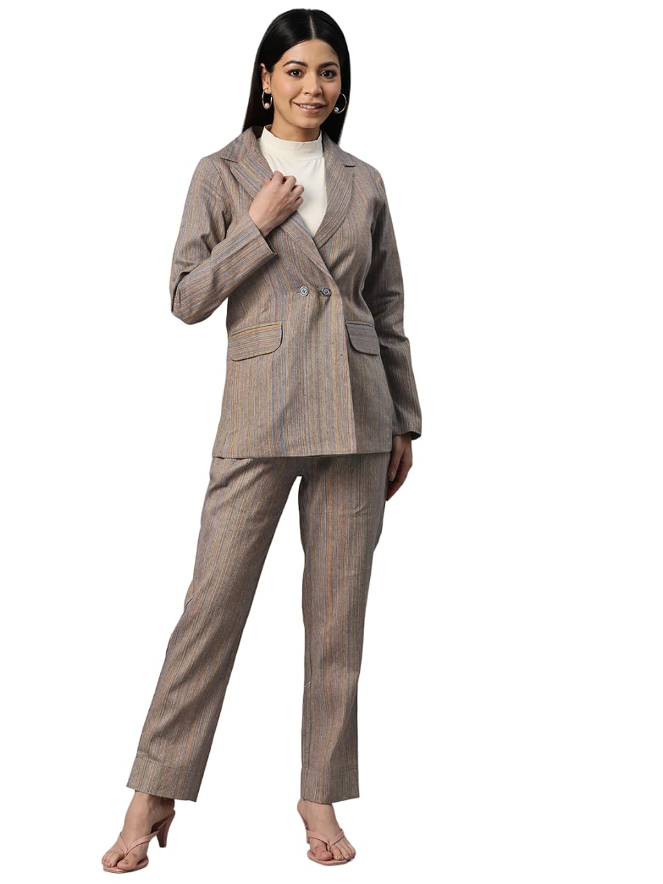 cottinfab Women Striped Brown Double Breasted Blazer Suit Set-picture-21