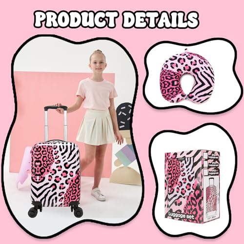 Image of Kid's Luggage Set 2 Piece Suitcase Set Hardside Luggage with Spinner Wheels Girls Carry on Toddler Travel Rolling Suitcase with Neck Pillow Airline Approved