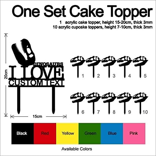 TC0113 I Love Dinosaurs Party Wedding Birthday Acrylic Cake Topper Cupcake Toppers Decor Set 11 pcs with Personalized Your Name