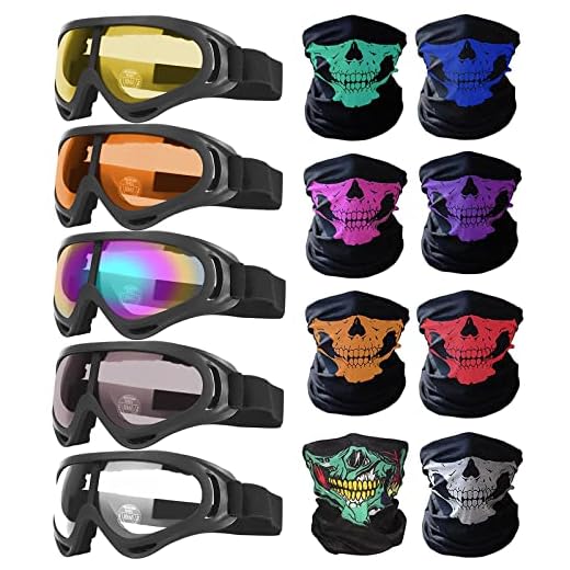 Peicees 13PCS Motorcycle Set, 5 Dirt Bike Ski Goggles UV Protection Dustproof Windproof Safety Glasses with 8 Skull Face Mask