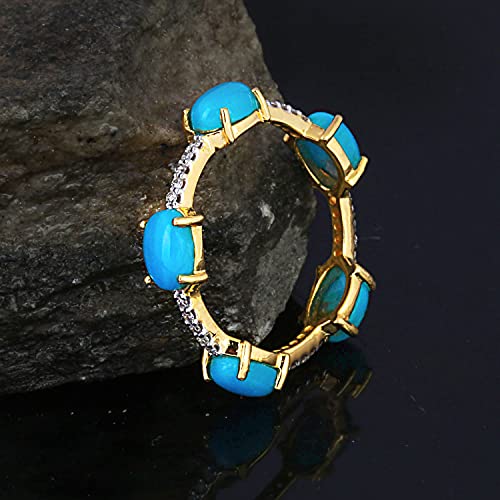 14k Yellow Gold Blue Turquoise Gemstone Eternity Band Ring For Women - 2.47 Carat Genuine Turquoise Gemstone Brilliant Cut Diamonds 0.14 Carats Designer Fine Rings For Women U4