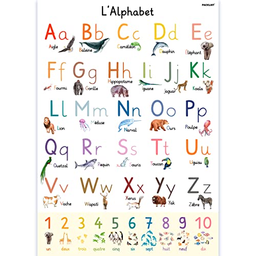 PACKLIST Poster de l'Alphabet Français pour les Enfants avec des Lettres et des Animaux Amusants pour une Apprentissage Facile - Parfait pour Décorer les Chambres d'Enfants et les Salles de Classe