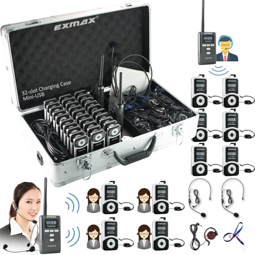 EXMAX EX-100S 72MHz Wireless Tour Guide System Voice Audio Transmission for School Teaching Tour Guides Conference Church Translation City Trip Training(2 Transmitters 30 ReceiversCharge Case MiniUSB)
