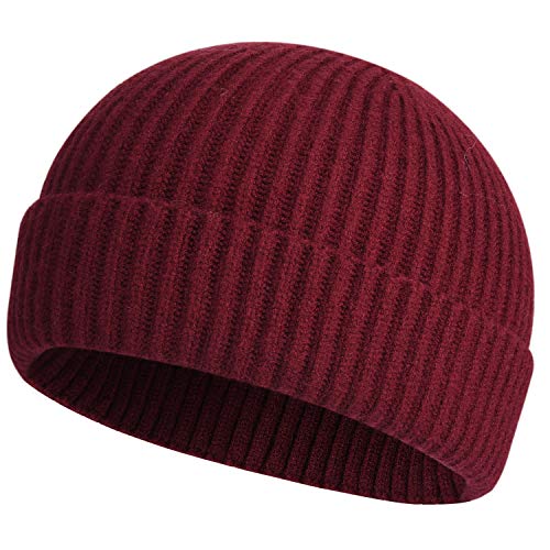 ROYBENS Swag Wool Knit Cuff Short Fisherman Beanie for Men Women Winter Warm Hats Wine Red