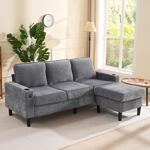 YuQozii Sofá y sofá tapizado de 3 plazas con dos soportes para bebidas para salón, apartamento, salón y dormitorio, sofá cama en forma de L, lino (gris)