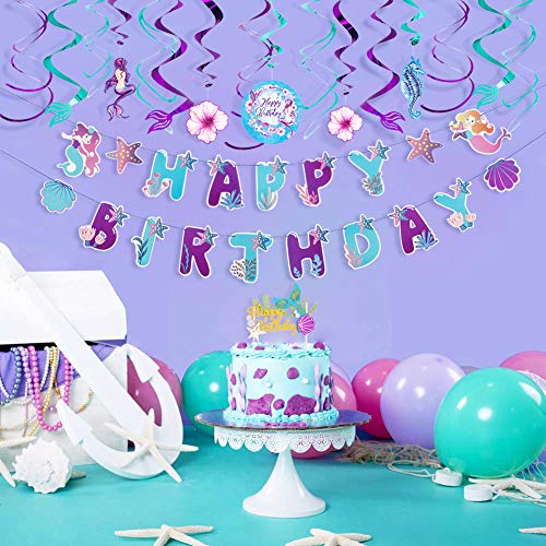 Image of SUNBEAUTY Mermaid Happy Birthday Banner Little Mermaid Theme Birthday Decorations for Girls Ocean Theme Party Supplies for Baby Shower | Pre-Strung