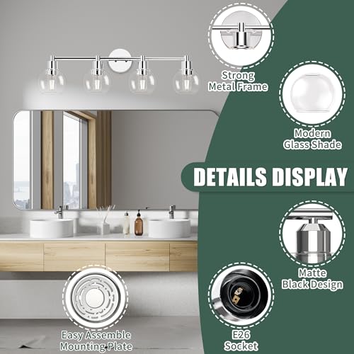 Image of 4 Lights Bathroom Vanity Light Fixtures Chrome, Bathroom Lights Over Mirror, Industrial and Farmhouse 4 Lights Wall Sconce, Polished Chrome Globe Vanity Lighting Fixtures