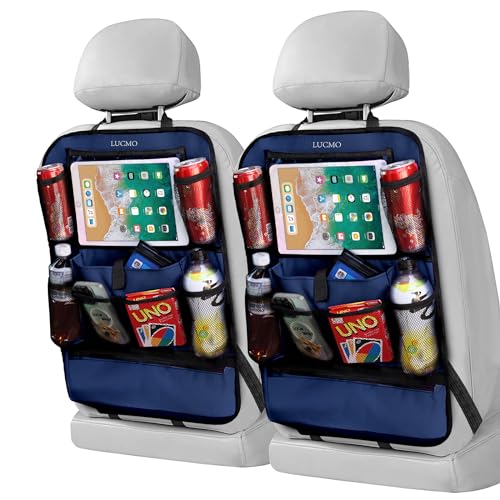 Image of LUCMO Car Backseat Organizer with Touch Screen Tablet Holder,Dark Blue | 2 Pcs,9 Storage Pockets,Clear Tablet Holder,Protectors Kick Mats,Travel Accessories,Seat Cover,Road Trip Essentials