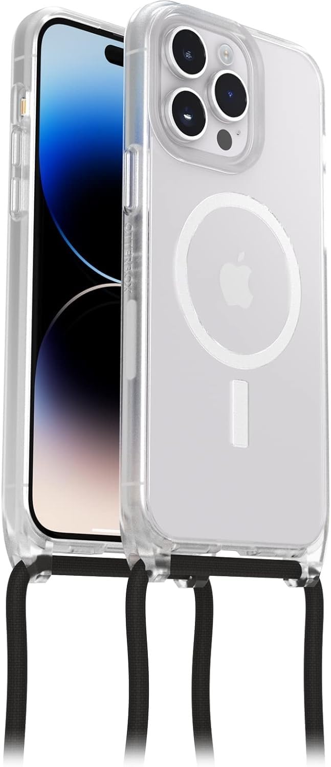 OtterBox Cover React Necklace con MagSafe per iPhone 14 Pro Max, Custodia sottile, antishock con cordone da collo, adattabile e intercambiabile, testata MIL STD 810G, Trasparente