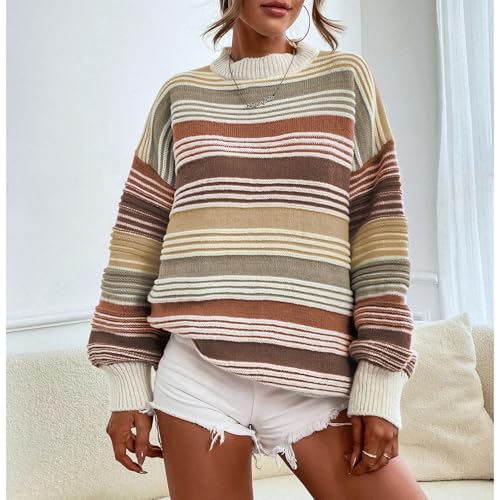 Womens Striped Pullover Sweater Contrast Cable Knit Sweaters Casual Oversized Loose Fall Winter Outwear Tops2
