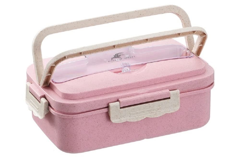 Lunchbox Leakproof Container, Bento Lunch Box Made of Eco-Friendly Biodegradable Wheat Straw, Free Cutlery, Tight Packing (Pink), (LB1)