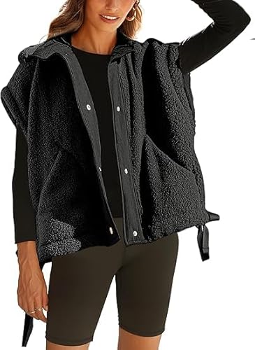 Omoone Damen Sherpa-Weste übergroße Fleece-gefütterte Weste mit Taschen, lässiger Button-Down-Bodywarmer, Schwarz , XL-3XL