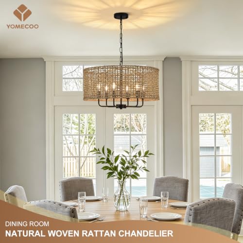 Image of 23.6 inch Large Rattan Chandelier, 6-Light Black Wicker Light Fixture