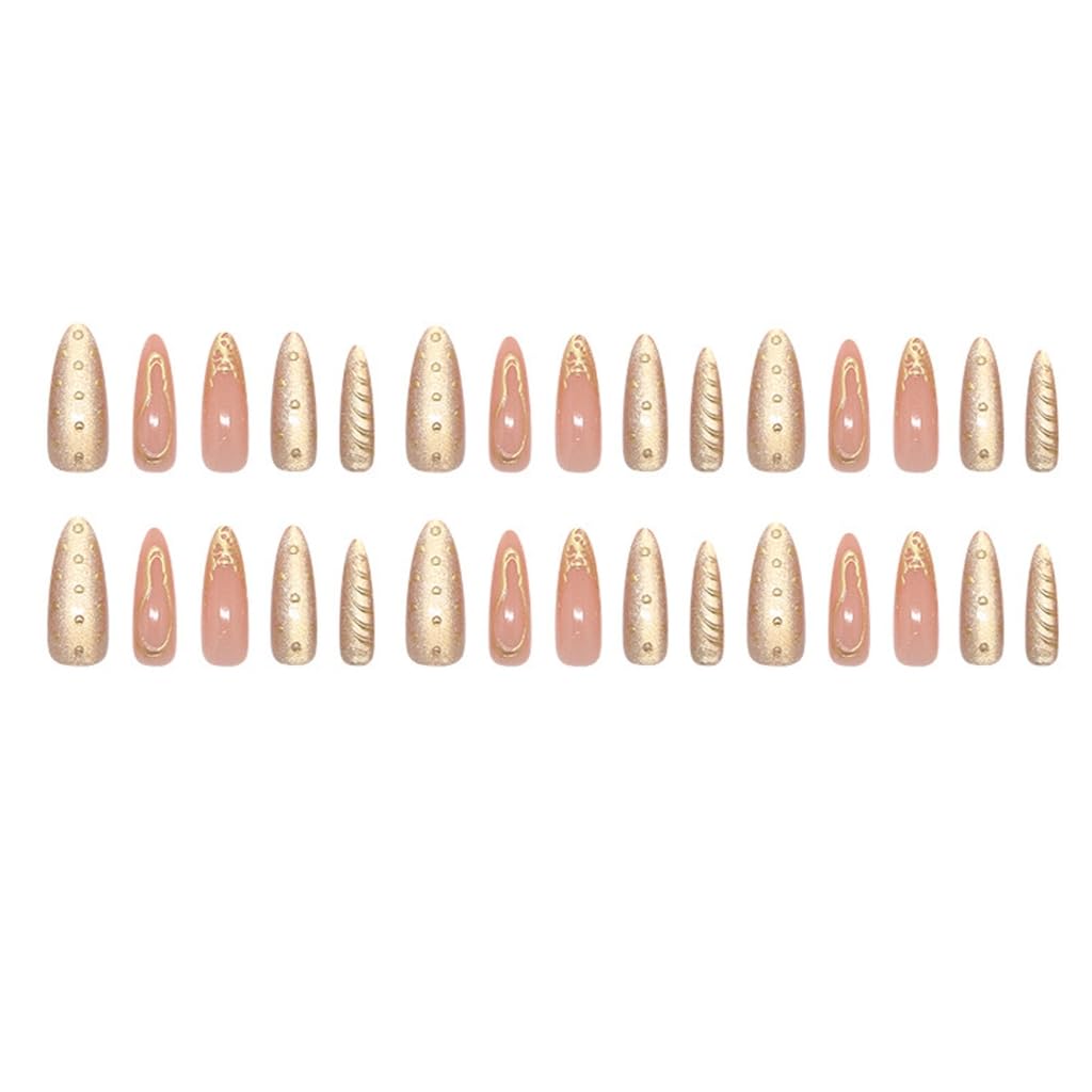 30pcs French Tip Artifical Nails Elegant 3D Molten Gold Press stick Nails Safe for Natural and Health
