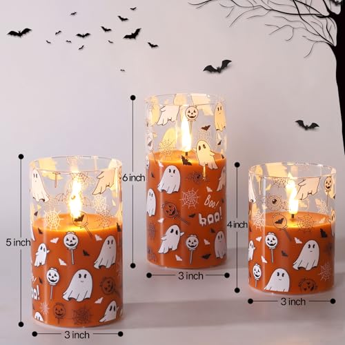 Image of Orange Ghost Halloween Flameless Pillar Candles with Remote Set of 3