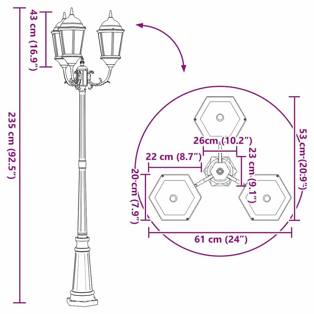 vidaXL Luce da Giardino Bronzo 61 x 53 x 235 cm Alluminio e Vetro, Lampioni in Alluminio per Giardini e terrazzi, luci robuste per vialetti, Decorazioni Outdoor