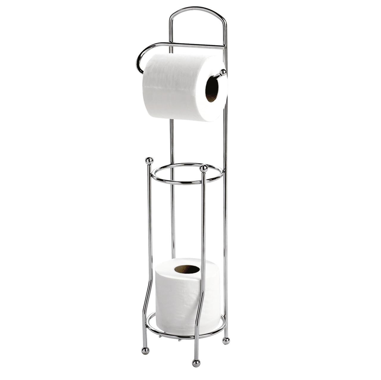 Mysmartbuy.com Silver Toilet Roll Store And Holder – Freestanding Installation Free Chrome Finish Iron Metal Wire Bathroom Loo Roll Stand, Holds Up To 4 Rolls – Measures H65 X 15.5Cm Diameter