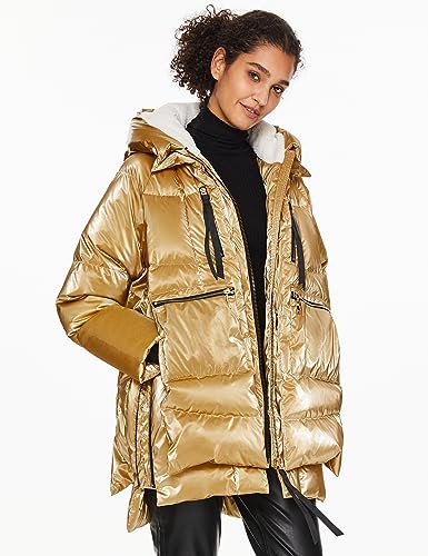 Orolay Women's Metallic Down Coat Mid-Length Puffer Jacket with Hood Long Sleeve Warm Outerwear Golden Large