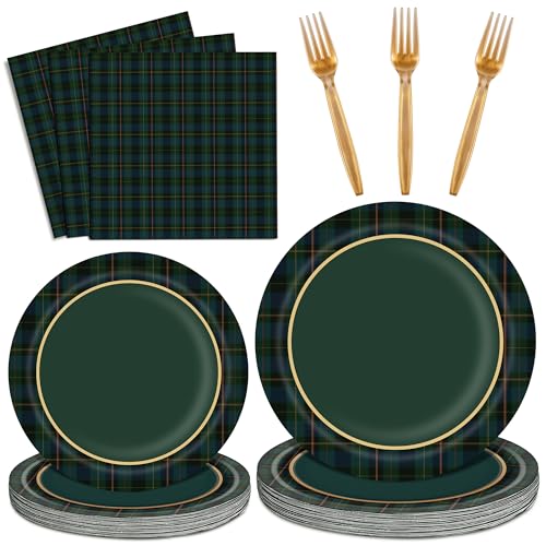 96 Pcs Green Blue Tartan Plaid Paper Plates and napkins We Can Bearly Wait Party Plates baby shower decoration for 24 Guests Include Tartan Plaid Plates Napkins and Forks for Baby Shower Wedding