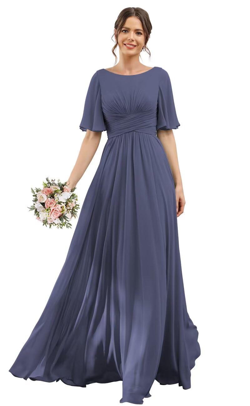 RSOETOO Flutter Sleeve Bridesmaid Dresses with Pockets A-Line Long Chiffon Formal Party Dress RON011