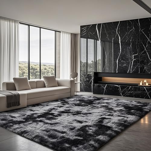 Ophanie Tie-Dyed Black & Grey Area Rugs for Living Room 5x7, Fluffy Shag Fuzzy Plush Soft Carpets, Floor Shaggy Rug for Bedroom, Carpet for Kids Boys Girls Dorm Nursery Home Decor Aesthetic