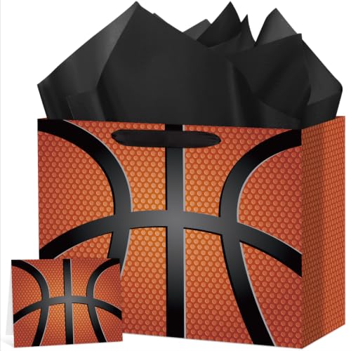 Abilat Large Basketball Gift Bag with Tissue Paper and Greeting Card Black and Orange Sports Themed Wrapping Bags for Boys Kids Birthday Baby Shower Party Supplies