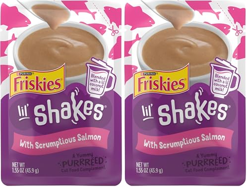 Friskies Purina Pureed Cat Food Topper,Lil’ Shakes with Scrumptious Salmon Lickable Cat Treats - 1.55 oz. Pouches,(Pack of 32) - image 1