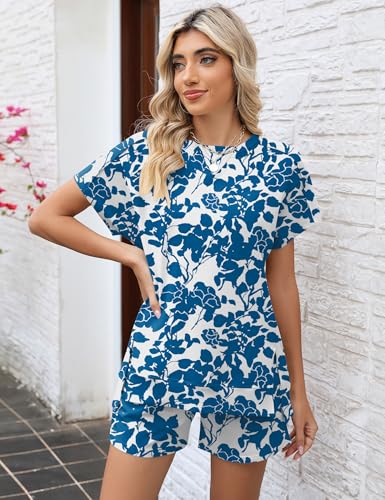 Image of LOMON Womens Fashion 2 Piece Outfits Sweatsuits 2026 Summer Short Sleeve Loungewear Tracksuit Round Neck Lounge Shorts Sets