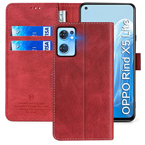 FMPCUON Handyhülle für OPPO Reno 7 5G/ Rind X5 Lite, OPPO Reno 7 5G/ Rind X5 Lite Hülle [Flip Wallet Hülle][TPU Bumper Schutzhülle][Leder Folio Tasche] Etui Stand Klapphülle, Rot