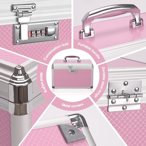 Image of Medicine Lock Box with Combination Lock - 15 x 8.7 x 9.4 Inches - First Aid Safe Medication Storage Box, Personal Items Safe Case for Home and Outdoor - Pink