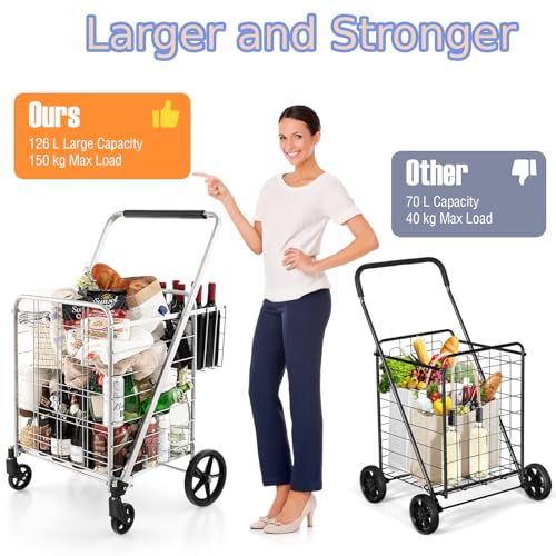 Robuster faltbarer Einkaufswagen mit Rädern, Metall-Einkaufswagen, extra Korb, Schaumstoffgriff, Mehrzweck-Schiebe/Ziehwagen für Wäsche, Supermarkt, Reisen – Schwarz/Silber