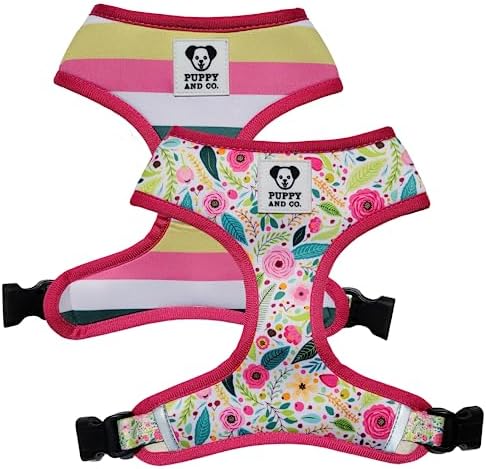 Cute Dog Harness, Reversible, No Pull Pet Vest with Leash Clip – Adjustable Soft Padded & Reflective – for XS Small Medium Large Girl Boy Dogs – for Most Breeds by Puppy and Co (Medium, Pink Floral)