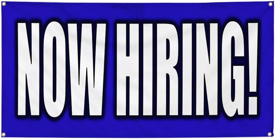 Vinyl Banner Multiple Sizes Now Hiring Blue Business Outdoor Weatherproof Industrial Yard Signs Blue 4 Grommets 24x48Inches