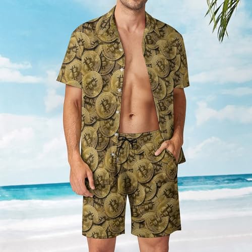 Coin Bitcoin Pattern Men's Tropical Short Sleeve Two Piece Suit, Suitable for Vacation, Beach And Casual Wear4