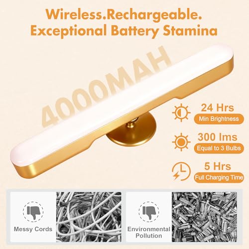 Image of cambk Set of 2 Wireless Vanity Makeup Lights for Mirror, Rechargeable LED Stick On Light Bar for Bathroom Mirror with Dimmable 3 CCT, Long Battery Life Cordless Light for Vanity Desk(Gold)