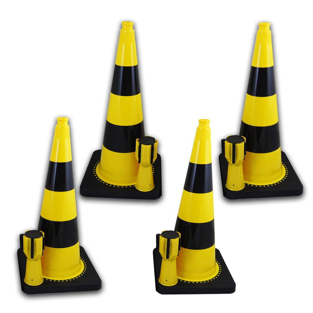 Absperrset Leitkegel 75cm in gelb mit schwarzen RA1 Streifen + UvV-Conny Absperrband gelb/schwarz 5 Meter (vierer Set)