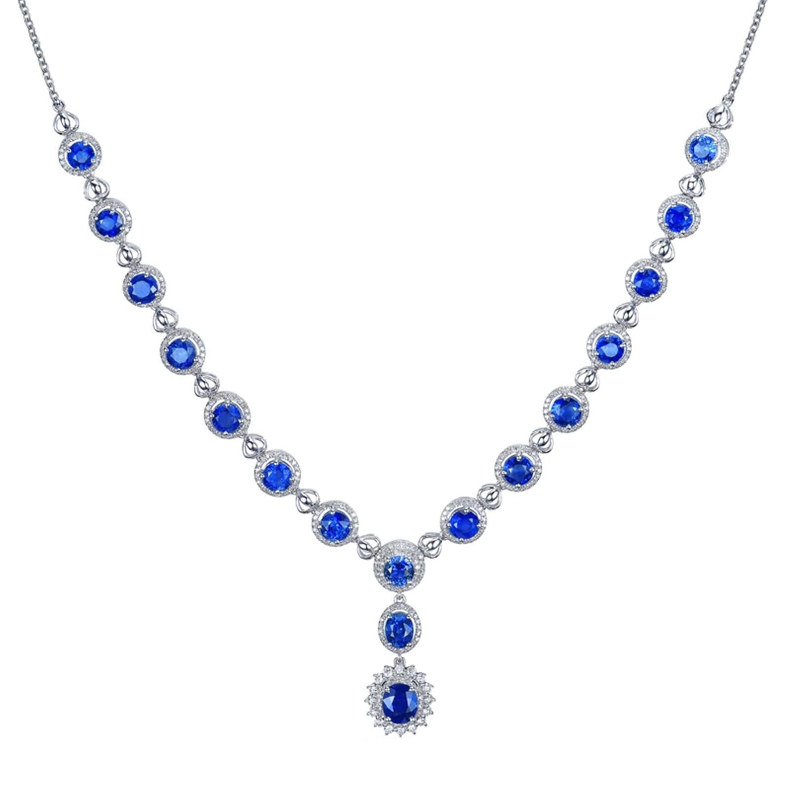Zaffiro Collana Donna Genuino Collana per Lei Argento Blu 18K Oro Bianco Pendente Collane Con Zaffiro Rotondo Da 7.3 Ct Per San Valentino, Zaffiro Diamante