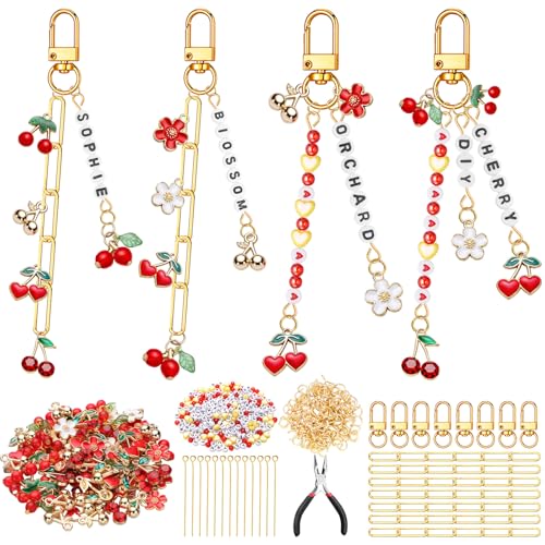 CraftyDream 558 Pcs Cherry Charms for Keychain Making DIY Flower Charms Jewelry Making Cherry Party Favors DIY Cute Lip Gloss Keychain Kit Craft for Women Purse Bag Backpack Accessories Jewelery