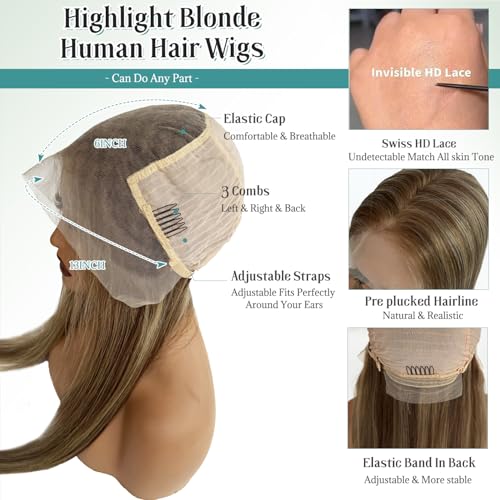 Image of Munx Highlight Brown 13x6 Lace Front Wigs Human Hair for White Women, Balayage Highlighted Lace Frontal Wig Bleached Knots Ash Blonde HD Transparent Wigs Pre Plucked 18 Inch 180% Density Full Ends