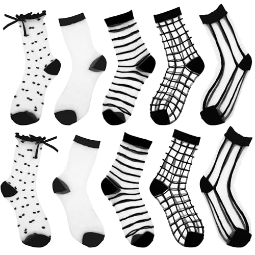 5-Pairs Sheer Ankle Socks - Black See-Through Socks with Striped/Plaid/Dot Patterns for Women & Girls2
