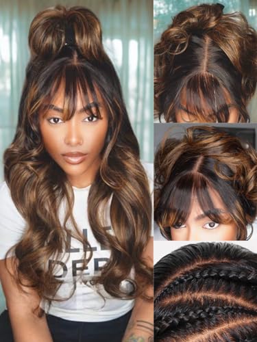 Beauty Forever Bye Bye Knots Balayage Brown Highlight Body Wave Curtain Bangs Glueless Wigs Human Hair Pre Plucked Pre Cut 7x5 Loose Wave Lace Closure Wear Go Drawstring Wig 180% Density 16inch