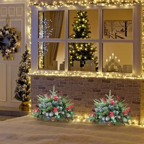 Árbol de Navidad preiluminado pequeño para jardín con luces y ramas nevadas artificiales 3