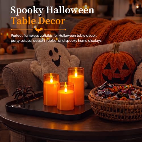Image of Homemory Halloween Orange Flameless Candles, Acrylic, Remote Timer, 3 Pack | Flameless LED pillar candles, battery operated candles, D3 inchxH4 inch /5 inch /6 inch, remote timer, Halloween, fall decor, Thanksgiving