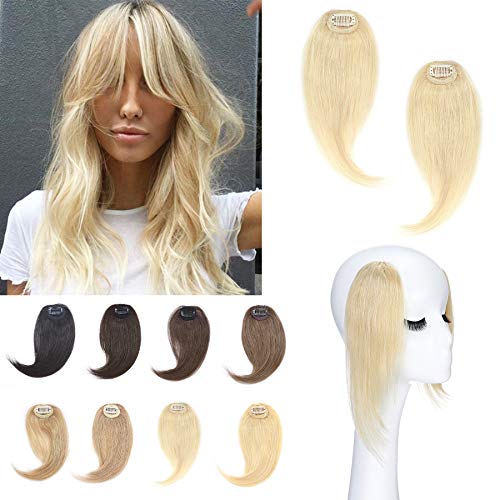 S-noilite Clip in Hair Bangs 100% Real Human Hair 2PCS Clip on Side Swept Fringe Hairpieces French Bangs Remy Hair Extension 32g For Women Pretty #60 Platinum Blonde