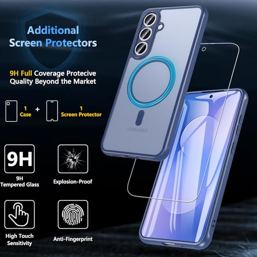 Image of OWKEY for Samsung Galaxy S25 FE Case 6.7'', Magnetic Galaxy S25 FE Case for Magsafe with Tempered Screen Protector [Shockproof Military] Translucent Matte Bumper Phone Cover Samsung S25 FE 5G, Blue