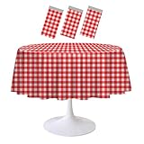 RINDOJIN 3 Pack Red Gingham Tablecloth Round 84 x 84 Inch Round Plastic Checkered Table Cloth Disposable Plaid Table Cover for Picnic Party Birthday Wedding Baby Shower Christmas Circle Tablecloth