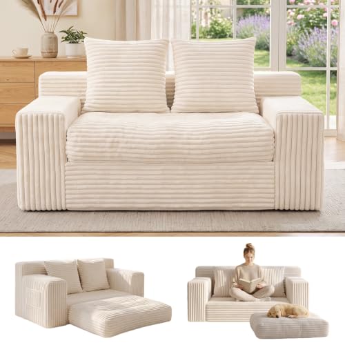 Small Boneless Couch, Boneless Loveseat Convertible Sofa Bed Sleeper Sofa Couch Bed with 2 Pillows, Corduroy Folding Floor Futon Foldable Boneless Couch for Living Room, Guest Room, Small Space, Beige