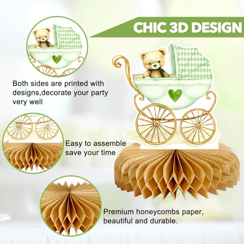 Image of 8Pcs Bear Baby Shower Decorations Honeycomb Centerpieces for Boy, Confetti Baby Shower Table Decorations Birthday Party Table Centerpieces Toppers Party Decor (Green)