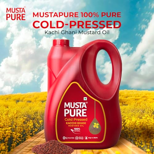 Image of Musta Pure Cold Pressed Kachi Ghani Mustard Oil 5 Litre Cooking Oil, Unrefined, Naturally Cholesterol Free, A1 Grade Real Seeds For Natural Aroma & Flavour For Roasting, Frying, Baking - Jar