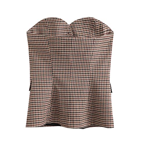 Lerzyoky Women's Strapless Suit Vest Button Front Business Formal Waistcoat Vest With Pockets (Small,Brown Plaid) #TOP1